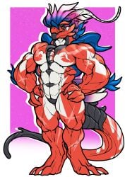 anthro claws elbow_tuft furry hair head_tuft horn koraidon male male_only markings muscles muscular muscular_male pokemon pokemon_(species) red_body solo solo_focus solo_male tail trencalos