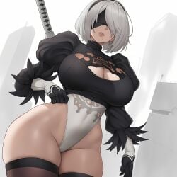 1girls ai_generated blindfold curvy female female_focus female_only hi_res light-skinned_female light_skin looking_at_viewer nier:_automata roxor short_hair solo thick_thighs thighhighs thighs white_hair wide_hips yorha_2b