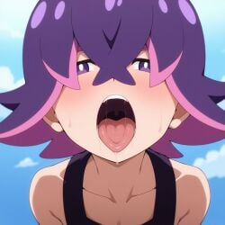 ai_generated black_topwear blush caucasian dot_(pokemon) looking_at_viewer looking_up mouth offering open_mouth open_mouth pink_eyebrows pink_hair pokemon purple_eyes purple_hair saliva saliva_string sky_background tagme two_tone_hair white_body