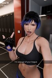 3d abs annoyed asian_female athletic_female eca3d female female_focus female_only fit_female gym indoors light-skinned_female looking_at_viewer middle_finger reina_mishima selfie short_hair sticking_out_tongue sweat tagme tank_top tekken tekken_8 workout