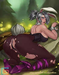 anus ass battle_bunny_riven breasts bunny_ears bunny_girl bunnysuit cleavage ecoas female female_only league_of_legends looking_at_viewer looking_back panties pantyhose riven solo torn_clothes