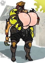 1girls 2025 alternate_body_type alternate_breast_size beret big_breasts breasts brown_hair cigarette cigarette_holder combat_boots female female_focus female_only full_body gas_mask heel_boots heels high_heels hips major_neci_rusalka medal medallion medals military_uniform officer prosthetic prosthetic_arm red_hair respirator scaldra_(warframe) skimpy skimpy_clothes smoking sob4art solo warframe warframe_1999 wide_hips yellow_eyes
