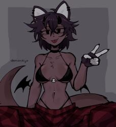bikini black_bikini black_panties breasts collar demon demon_horns demon_wings demonikyu demonispicy devil devil_horns devil_wings eye_contact fox_ears looking_at_viewer pajama_pants panties peace_sign pov sitting sitting_down small_waist string_bikini string_panties tail tongue_out waist