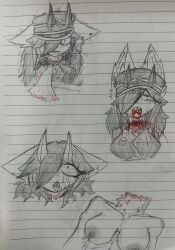 absurd_res anthro bilibiliupjiamou bodily_fluids bood canid canine corpse cum cum_on_face death female female_death fox fur genital_fluids gore grey_hair hair hi_res horn mammal mrs.jiamou(bilibiliupjiamou) red_eyes stud_ear_ring white_body white_fur