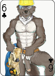 abs anthro armor balls biceps canine card digital_media_(artwork) fonyaa foreskin fur hair hammer helmet male male_only mammal muscular muscular_male nude pecs penis playing_card simple_background smile solo standing teeth tools wolf