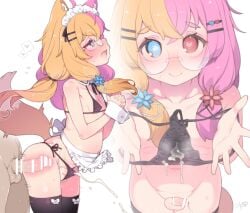 2boys anal animal_ears apron balls bikini black_bikini black_thighhighs blonde_hair blue_eyes breasts closed_mouth collarbone commentary_request commission crossdressing cum cum_in_clothes detached_collar ejaculating_while_penetrated ejaculation erection flaccid flower-shaped_pupils fox_boy fox_ears fox_tail frilled_apron frills glasses hair_ornament hairclip heart heart-shaped_pupils heterochromia holding holding_swimsuit holding_unworn_clothes indie_virtual_youtuber lily_moetsuki long_hair looking_at_viewer low_twintails maid maid_apron maid_bikini maid_headdress male male_focus multicolored_hair multiple_boys multiple_views nyakkuru open_mouth otoko_no_ko paid_reward_available penis pink_hair red_eyes round_eyewear sex simple_background skeb_commission small_breasts swimsuit symbol-shaped_pupils tail testicles thick_eyebrows thighhighs twintails two-tone_hair unconventional_maid unworn_bikini_bottom unworn_swimsuit waist_apron white_background wrist_cuffs x-ray yaoi young