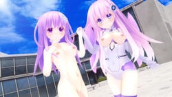 2girls blush breasts breasts_out dual_persona multiple_girls nepgear neptunia_(series) nipples nude purple_eyes purple_hair pussy thighhighs