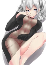 alternate_costume barefoot blue_eyes breasts china_dress chinese_clothes dress feet kantai_collection kashima_(kantai_collection) large_breasts looking_at_viewer lying navel no_bra nopan on_back see-through sidelocks silver_hair simple_background takayama_chihiro twintails wavy_hair white_background