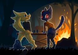 2024 anthro anus ass backsack balls biped black_body black_nose bottomwear bottomwear_down campfire canid canine clothed clothing domestic_cat duo felid feline felis female forest fox furniture galo genitals gregg_lee head_tuft hi_res looking_at_another looking_at_viewer looking_back looking_back_at_viewer mae_borowski male male/female mammal night night_in_the_woods notched_ear open_mouth orange_body pants pants_down partially_clothed plant presenting presenting_hindquarters raised_tail rear_view red_eyes table tail teeth tongue tree tuft whiskers