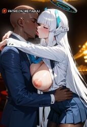 1boy ai_generated bald black_pantyhose blue_archive blue_jacket blue_necktie blue_skirt blush breasts breasts_out closed_eyes collared_shirt dark-skinned_male dark_skin female formal french_kiss halo hug interracial jacket kissing large_breasts long_hair long_sleeves male mechanical_halo meita necktie nipples noa_(blue_archive) open_clothes pantyhose patreon_logo patreon_username pleated_skirt purple_eyes shirt sidelocks skirt straight suit sweat tongue tongue_out very_long_hair white_hair white_shirt