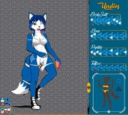 anthro areola blue_fur blue_hair blush bra breasts canine clothing dress_up female footwear fox freefox fur game_(disambiguation) green_eyes hair kenno_cola krystal mammal nintendo one_eye_closed panties panties_down pussy shoes star_fox tattoo tongue tongue_out underwear video_games wink