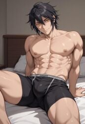 1boy abs ai_generated arm_support black_hair black_male_underwear black_underwear boxer_briefs boxer_briefs_only bsky_link bulge civitai dvxxxgrai gay hadis_teos_rave illustrious_(stable_diffusion) lying_on_bed male male_only navel nipples nude smile solo solo_male tagme the_do-over_damsel_conquers_the_dragon_emperor yaoi