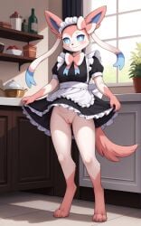 1girls 2025 ai_generated anthro blue_eyes blushing bottomless bottomless_female digitigrade dress_lift eeveelution female female_only generation_6_pokemon hi_res indoors innie_pussy kitchen maid_uniform nintendo no_panties pink_fur pokemon pokemon_(species) pussy smile sylveon white_fur