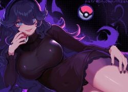 alternate_breast_size black_hair blush breasts dress female hair_between_eyes hairband hex_maniac holding holding_poke_ball itzah large_breasts long_hair long_sleeves looking_at_viewer messy_hair nintendo poke_ball poke_ball_(basic) pokemon pokemon_xy purple_dress purple_eyes purple_hair purple_hairband smile solo very_long_hair
