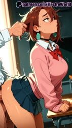 1girls 2025 ai_generated artist_name ayase_momo blush brown_hair chalkboard classroom dandadan desk earrings electroworld female hi_res high_quality high_resolution highres jewelry patreon patreon_username short_hair skirt stable_diffusion straight sweat watermark