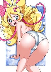1girls all_fours asortofcolorfag ass blue_eyes blush calves colorized cure_idol drill_hair ear_piercing female from_behind full-face_blush hair_between_eyes hair_ribbon highres idol kimi_to_idol_precure light-skinned_female long_hair looking_at_viewer looking_back magical_girl miyagoe_yoshitsuki nude open_mouth panties piercing pink_ribbon precure pretty_cure ribbon sakura_uta smile solo teeth toei_animation upper_teeth_only very_long_hair