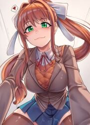 blush bow breasts brown_hair dilan_griz doki_doki_literature_club female green_eyes hair_ribbon hairbow heart highres large_breasts long_hair looking_at_viewer monika_(doki_doki_literature_club) pleated_skirt pov ribbon school_uniform skirt smile solo thighhighs