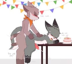 absurd_res anal anal_sex ancesra_(ancesra) animal_genitalia animal_penis anthro banner birthday birthday_cake birthday_sex blush bodily_fluids cake candle canine_genitalia canine_penis claws closed_eyes cum cumshot dessert duo ejaculation entwined_tails fangs food from_behind_position furniture genital_fluids genitals hands_on_hips heart_symbol hi_res iradeon kerchief knot legs_in_air male male/male mammal on_table open_mouth penetration penis procyonid raccoon scarf sean_(senz) senz sex simple_background table tail tail_coil teeth text thrusting tongue tongue_out