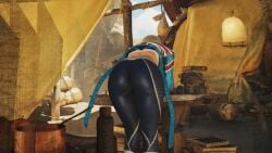 alma_(monster_hunter_wilds) ass_cheeks ass_focus bending_over bent_over_desk black_leggings blonde_hair_female british_flag bubble_ass cammy_white cammy_white_(cosplay) cammy_white_(street_fighter_6) canyon capcom crossover crossover_cosplay curvy_ass dat_ass game_screenshot gym_uniform hands_on_desk inminent_r34 jacket light-skinned_female monster_hunter monster_hunter_(series) monster_hunter_wilds no_panties_under_leggings no_zoophilia_mh official_art official_style perro_culazo plump_ass screencap skin_tight standing street_fighter thicc_ass thick_thighs wooden_table yoga_pants