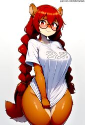 ai_generated bottomless brown_fur cute cute_face embarrassed embarrassed_female eternal_oak furry furry_female glasses mabel_maplebottom red_eyes red_hair shy slut squirrel text_on_clothing text_on_shirt text_on_topwear thick_glasses twin_braids