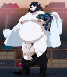 absurd_res anthro areola ass balls bear belly big_balls big_belly big_penis bottomwear bottomwear_down clothed clothing dragon_tattoo flashing foreskin genitals giant_panda greeneyedwolfking hi_res looking_at_viewer male mammal mostly_nude musclegut muscular muscular_male nipples pants pants_down partially_clothed pecs penis presenting pubes richard_hasashi smile smirk solo tattoo thick_thighs undressing