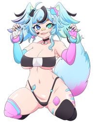 bandaid_on_nose bare_shoulders black_hair black_nails blue_eyes blue_hair choker cleavage crop_top dog_ears dog_girl dog_tail fangs female female full_body gradient_hair green_eyes heterochromia highleg hunikin kneeling large_breasts long_nails looking_at_viewer muugumemo navel purple_hair streaked_hair thick_thighs virtual_youtuber white_background yellow_tongue