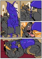 anthro anubian_jackal autofellatio balls big_balls big_penis black_body blue_body canine cock cock_transformation comic dick engis_(trencalos) flaccid furry gay goo_creature growth homosexual hyper hyper_balls hyper_penis male male/male male_only markings muscle_growth muscles muscular muscular_male penetration penis penis_growth penis_transformation selfsuck shark slime testicles tongue tongue_out transformation trencalos vein
