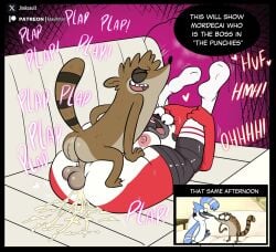 big_ass big_breasts big_penis cheating creampie cuckold cum_in_pussy hardcore_sex legs_up margaret_smith_(regular_show) mating_press netorare ntr raccoon regular_show rigby_(regular_show)