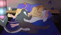 anthro bed cetacean claws closed_eyes dolphin felid furniture group handjob kissing lion lying male male/male mammal marine mouse murid murine nude oceanic_dolphin on_side oral orca pantherine penile rodent sex shane_nelson toothed_whale trio