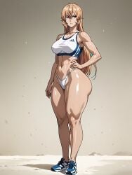 ai_generated blonde_hair female long_hair nakiri_erina serious shokugeki_no_souma sports_bra sports_shoes standing thong_panties transparent_background