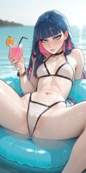 abdomen ai_generated bikini blue_eyes blue_hair cameltoe choker cocktail colored_inner_hair folded glass highleg_bikini horny long_hair multicolored_hair navel panty_&_stocking_with_garterbelt perfect_body pink_hair sea sexy skinny small_breasts spread_legs stocking_anarchy submerged suggestive swim_ring teasing_viewer water