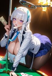 1girl ai_generated banknote bent_over black_pantyhose blue_archive blue_necktie blue_skirt blunt_bangs blush breasts brown_pantyhose card casino chandelier cleavage collared_shirt female halo holding holding_card holding_money jacket large_breasts long_hair long_sleeves looking_at_viewer mechanical_halo meita miniskirt money necktie noa_(blue_archive) open_mouth pantyhose parted_lips patreon_logo patreon_username playing_card pleated_skirt poker_chip pole pole_dancing prostitution purple_eyes shirt skirt solo stripper_pole sweat table thighs very_long_hair web_address white_hair white_jacket white_shirt
