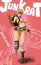 areolae backpack bag belt big_breasts blizzard_entertainment breasts casual durane59 female female_only footwear handwear human junkrat junkrat_(female) large_breasts looking_at_viewer nipples overwatch pale_skin pussy rule_63 solo tactical_nudity