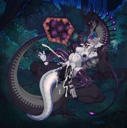anthro anthro_on_feral anthro_penetrated armwear belly big_belly black_armwear black_body black_clothing black_latex black_legwear black_penis black_tail bodily_fluids clothing cum cum_splatter dragon duo ear_frill egg erection female female_penetrated feral feral_penetrating feral_penetrating_anthro frill_(anatomy) fur genital_fluids genitals grass grey_body grey_fur grey_tail hi_res knot lactating latex latex_armwear latex_clothing latex_legwear legwear long_neck male male/female male_penetrating male_penetrating_female markings mouth_closed mythological_creature mythological_scalie mythology narrowed_eyes night open_mouth outside oviposition penetration penile penile_penetration penis penis_in_pussy plant purple_eyes purple_markings red_tongue scales scalie sex shrub signature smogville spread_legs spreading tail tongue tongue_out tree vaginal_penetration vaginal_penetration white_body white_frill white_scales zoophilia