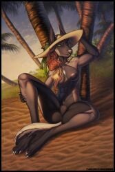 anthro beach black_body blue_eyes bow_ribbon breasts canid canine canis clothing domestic_dog facial_piercing female genitals grey_body hair hand_behind_head hat headgear headwear herding_dog hi_res holding_leg malinois_dog mammal nose_piercing nude orange_hair outside palm_tree pastoral_dog piercing pinup plant pose pussy sand septum_piercing sheepdog sitting sitting_on_ground smile solo sun_hat thalislixeon tree