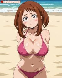 2025 ai_generated aindroidparanoid anime beach_background belly brown_eyebrows brown_eyes_female brown_hair_female crunchyroll female hands_behind_back instagram meta mouth_closed my_hero_academia not_porn ochako_uraraka pink_bikini pink_cheeks sad_expression sad_face sad_female tummy