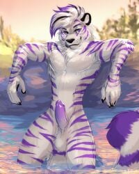 anthro balls black_claws black_nose bodily_fluids claws felid fur furry genital_fluids genitals hi_res humanoid_genitalia humanoid_penis kinsheph male mammal pantherine penis precum purple_eyes purple_penis solo striped_body striped_fur stripes tiger white_balls white_body white_fur
