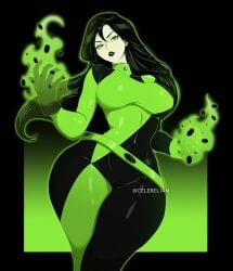 1girls black_bodysuit black_gloves black_hair black_lips bodysuit breasts celebelian colored_skin covered_navel female fire flaming_hand gloves green_bodysuit green_eyes green_fire green_gloves green_skin highres kim_possible large_breasts long_hair looking_at_viewer medium_breasts multicolored_bodysuit shego solo thick_thighs thighs two-tone_bodysuit wide_hips