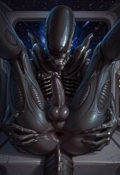 ai ai_generated alien alien_(franchise) alien_boy alien_humanoid anus balls laying_on_back male male_xenomorph penis solo spread_anus spread_ass spread_legs xenomorph