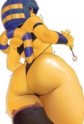 absurdres animal_crossing ankha_(animal_crossing) ass black_bra black_panties blonde_hair blue_hair bra cat_girl cat_tail colored_skin female female_only from_behind from_below furry furry_female furry_only highres looking_at_viewer naxius_noxy nintendo panties short_hair side-tie_panties single_thighhigh solo sweat tail thighhighs underwear untied_panties yellow_skin