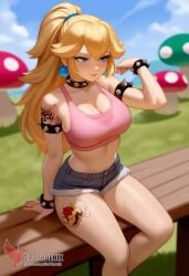 1girls 2d ai_generated ass back bare_shoulders big_ass big_breasts blonde_hair blue_eyes collar corrupted corruption crown day denim_shorts erophoenix evil_grin evil_smile female female_focus full_body fur_lined_shorts jewelry long_hair looking_at_viewer mario_(series) nintendo outdoors pale_skin pale_skinned_female patreon_username princess_peach shorts sitting sky smile solo sports_bra super_mario_bros. super_smash_bros. thick thick_thighs uncensored