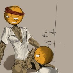 2boys annoyed annoyed_expression anthropomorphic artist_signature bandana before_oral brown_body diantha_tha_dog erect_penis erection flash_game fruit_humanoid gay grabbing_penis grey_background grin grinning hand_on_another's_leg hand_on_another's_thigh hand_on_leg hand_on_thigh holding_penis humanoid looking_at_another looking_at_partner looking_down looking_up looking_up_at_another looking_up_at_partner low_cut_shirt male male/male male_only mostly_clothed newgrounds no_pants no_underwear non-human object_head orange orange_roulette orange_skin pantsless penis penis_close_to_face protagonist_orange_(orange_roulette) red_bandana shirt_only simple_background solid_color_background stoic_orange_(orange_roulette) tagme textured_skin white_shirt