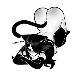 arched_back arms_crossed arms_folded ass ass_up blush cat_ears cat_girl cat_tail catgirl female long_hair lying_down lying_on_stomach monochrome seductive seductive_eyes seductive_look seductive_pose seductive_smile suggestive suggestive_look suggestive_pose tail tekona thick_thighs thighhighs thighs