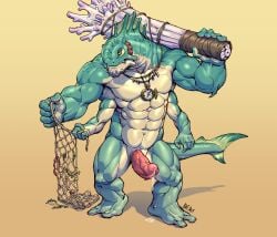 4_arms abs animal_genitalia animal_humanoid anthro beralin biceps bodily_fluids fish fish_humanoid fishing_net genital_fluids genital_slit genitals hi_res humanoid leaking_precum male marine marine_humanoid multi_arm multi_limb muscular muscular_anthro muscular_male net pecs penis precum solo tail triceps