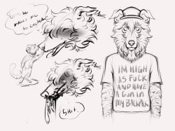 anthro blood bodily_fluids canid canine canis clothed clothed_male clothing domestic_dog duo eating english_text gore hard_vore hi_res male mammal puppy_meats rodent rottingxrooster shirt text text_on_clothing text_on_shirt text_on_topwear topwear vore