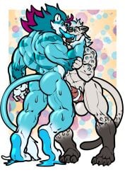 anthro armpit_hair ass balls big_balls big_penis blue_body claws cock cum dick elbow_tuft fangs feline flexing furry fusion gay goatee goo_creature hair homosexual kissing lion male male/male male_only mane markings merging muscles muscular muscular_male penis pubes pubic_hair semen slime snow_leopard spots stripes tail testicle tongue tongue_kiss tongue_out trencalos white_body