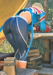 alma_(monster_hunter_wilds) alternate_costume bending_over bent_over_desk black_leggings blonde_hair_female cammy_white cammy_white_(cosplay) cammy_white_(street_fighter_6) capcom culo dat_ass gym_uniform inminent_r34 monster_hunter monster_hunter_(series) monster_hunter_wilds no_panties_under_leggings outdoors plump_ass skindentation street_fighter thicc_ass thick_thighs tight_clothes unseen_female_face upper_body