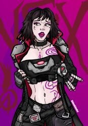 1girls belly belly_button bidenhander_(artist) borderlands borderlands_4 breasts breasts_focus brown_hair choker cloak dressed earrings female female female_only gloves looking_away naughty naughty_face open_mouth pants pouch pouches purple_background purple_eyeshadow purple_lipstick siren_(borderlands) tattoo tattooed_arm tattoos tits_focus topwear vex_(borderlands) yellow_eyes