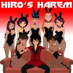 1boy 7girls accurate_art_style big_hero_6 big_hero_6:_the_series black_hair blue_eyes brown_eyes brown_hair bunnysuit cass_hamada couch dark_skin disney female gogo_tomago green_eyes harem hiro_hamada honey_lemon karmi long_hair looking_at_viewer male marvel marvel_comics megan_cruz mehefin013 momakase multiple_girls red_hair self_upload short_hair smiling_at_viewer trina_(big_hero_6)