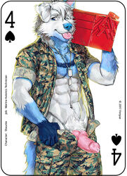 2017 animal_genitalia animal_penis anthro canine canine_penis card clothed clothing digital_media_(artwork) dog_tags erection fonyaa fur holding_object knot looking_at_viewer male male_only mammal military muscular muscular_male pecs penis playing_card simple_background smile solo standing tongue tongue_out tools white_fur